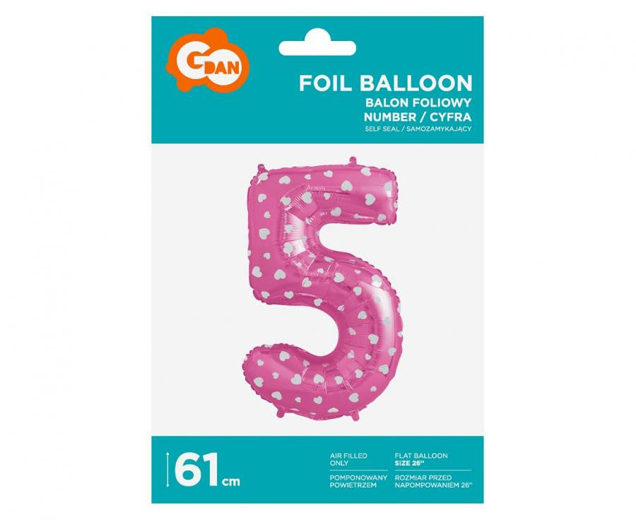 Rozā skaitlis ar sirsniņām, rozā folijas balons "Cipars 5", 61 cm