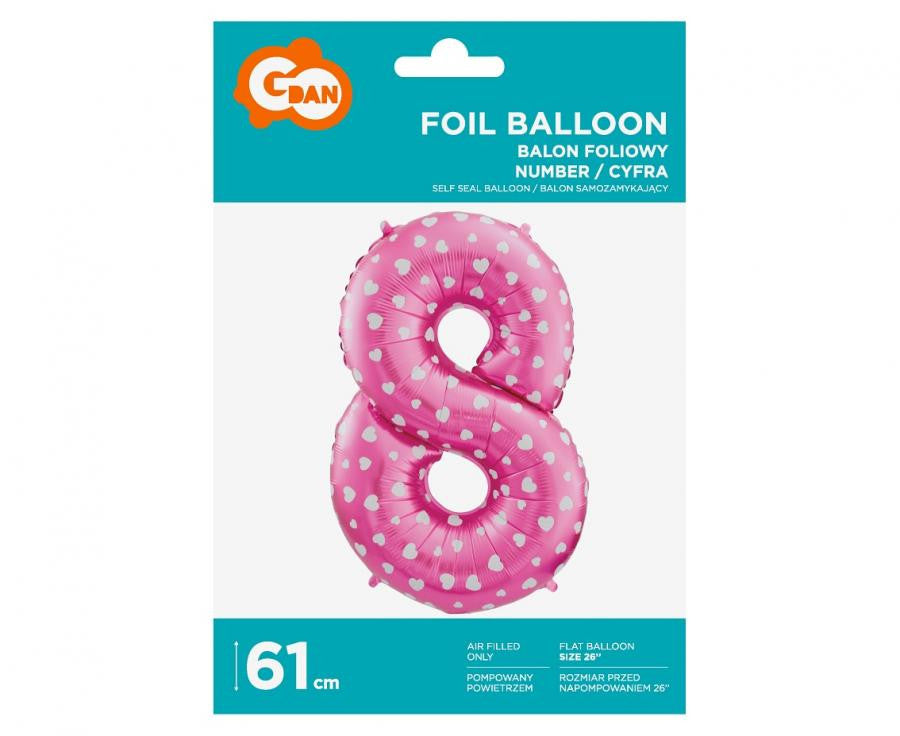 Rozā folijas balons "Cipars rozā" ar sirsniņām, 61 cm