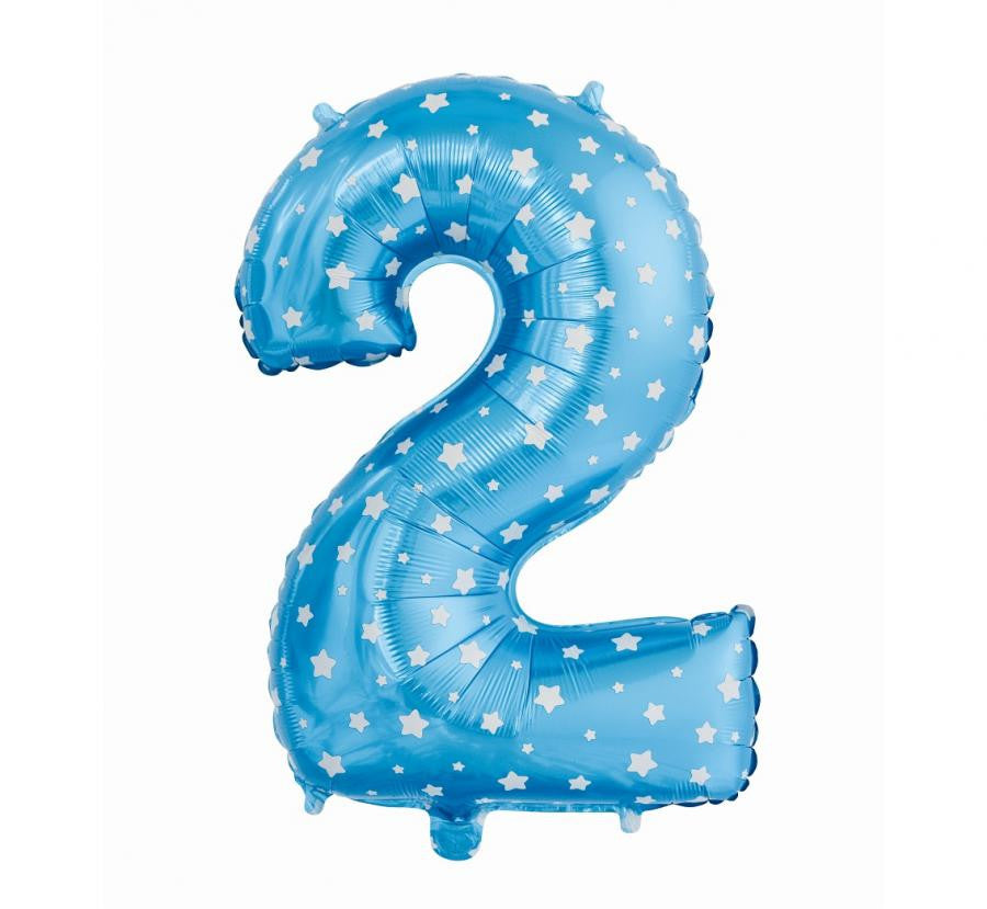 Zils skaitlis ar zvaigznēm, zils folijas balons ar skaitli 2, 61 cm