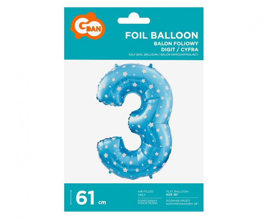 Zils skaitlis ar zvaigznēm, zils folijas balons skaitlis 3 61 cm