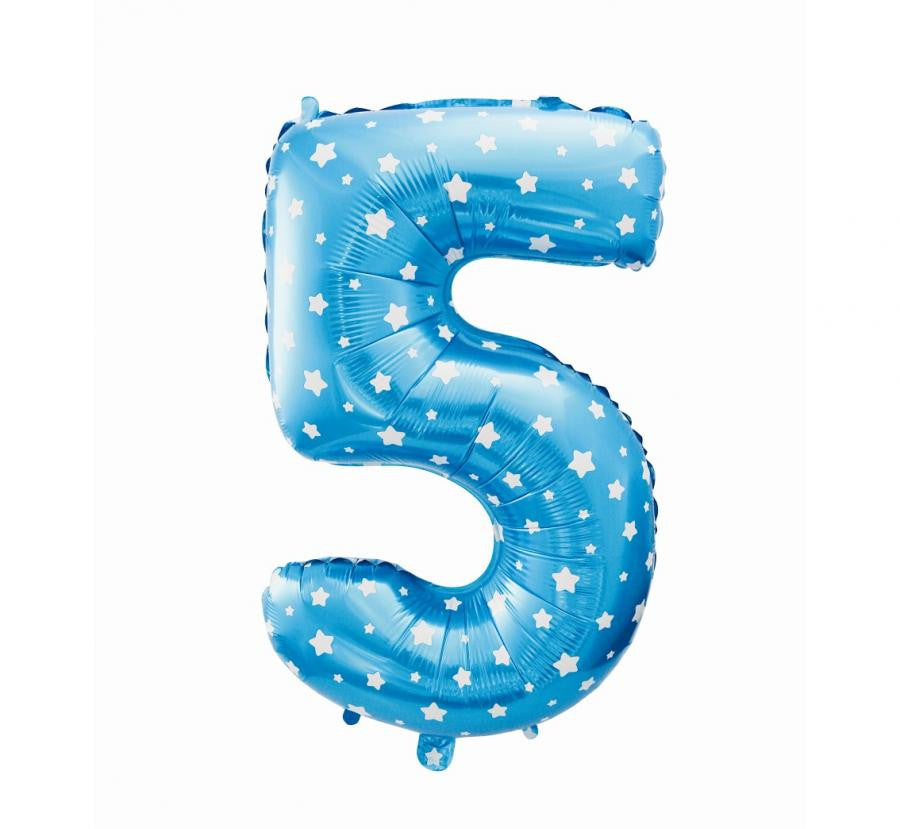 Zils skaitlis ar zvaigznēm, zils folijas balons ar skaitli 5, 61 cm