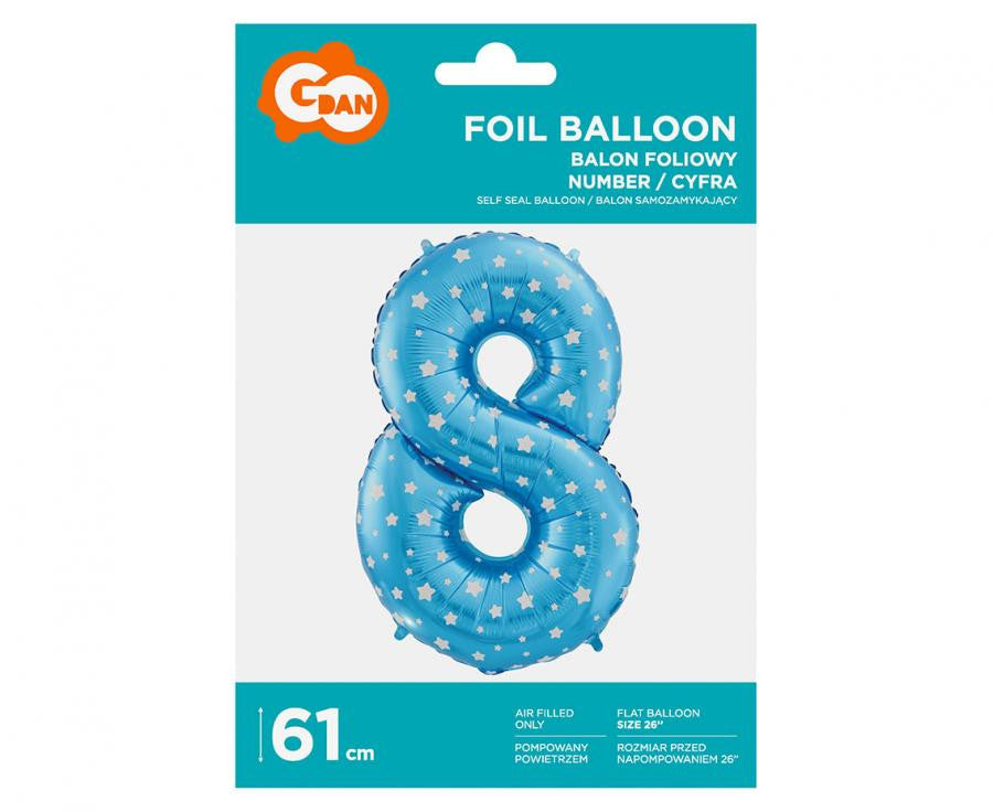 Folijas balons "Cipars 8", 61 cm, zils, ar zvaigznēm