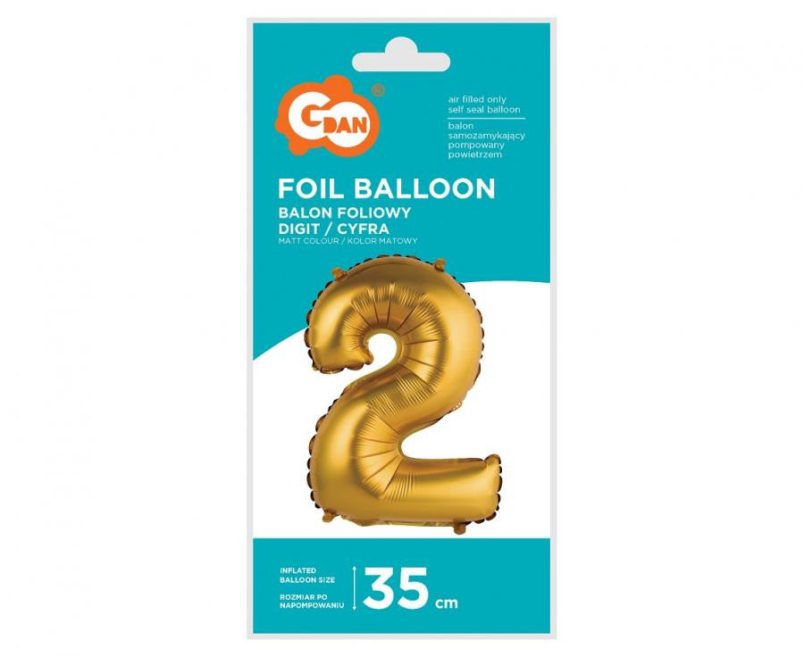 Matēti zelta krāsas mini folijas balons "Cipars 2", 35 cm
