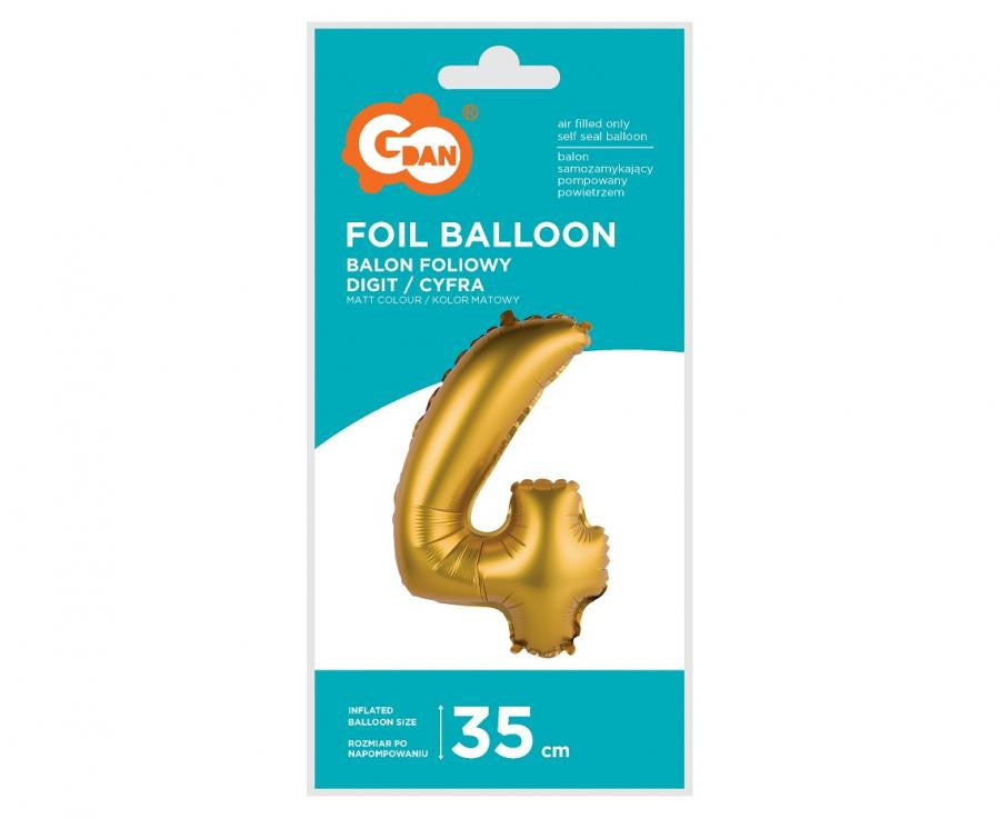 Matēti zelta krāsas mini folijas balons "Cipars 4", 35 cm