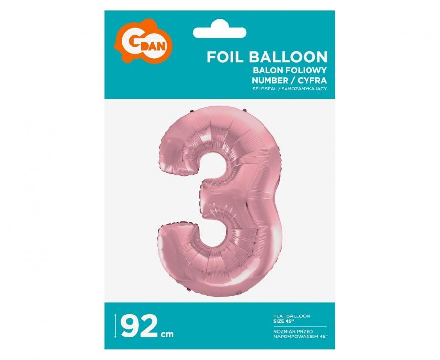 Folijas balons "Cipars 3" gaiši rozā, rozā, 92 cm