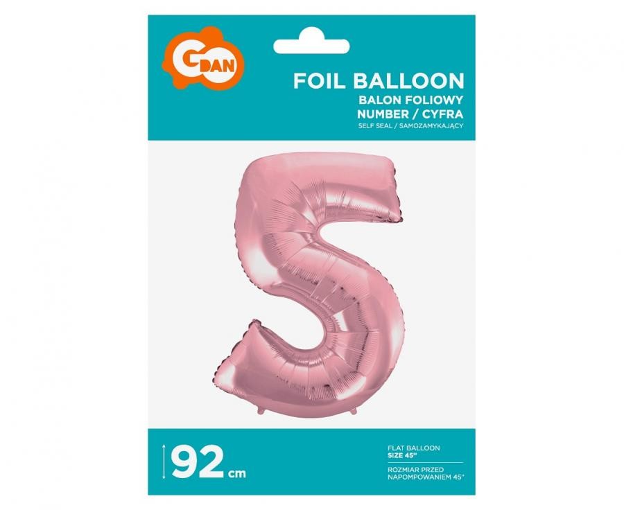 Folijas balons "Cipars 5", 92 cm, gaiši rozā