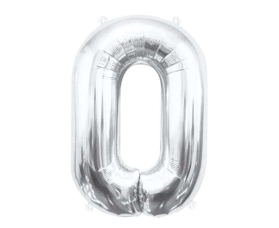 Sudraba krāsas skaitlis, sudraba krāsas folijas balons "0", 85 cm