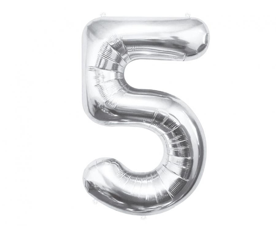 Sudraba krāsas folijas balons "Cipars 5", 85 cm