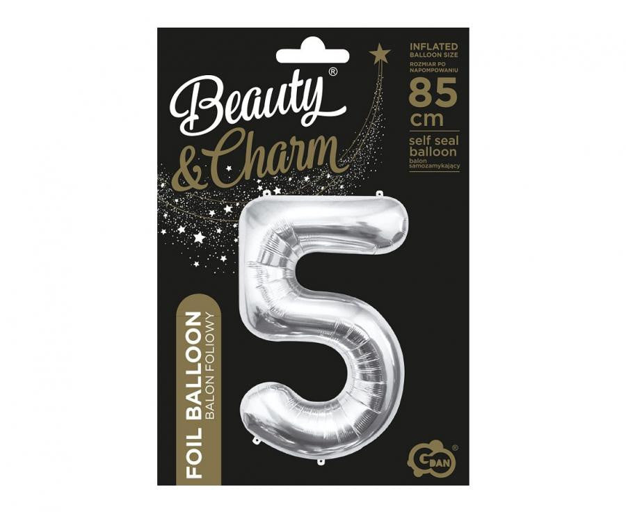 Sudraba krāsas folijas balons "Cipars 5", 85 cm