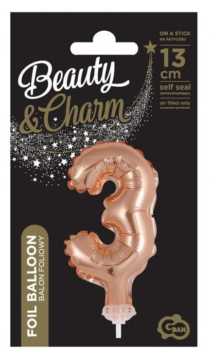 Folijas balons "Cipars 3" kūkai, 13 cm, rozā zelta krāsā