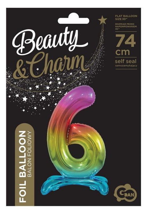 Krāsains folijas balons ar skaitļa 6 figūriņu un pamatni, 74 cm