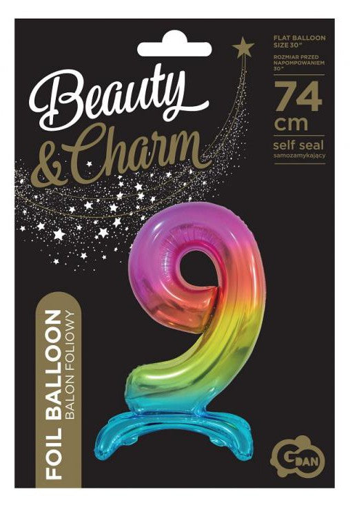 Folijas balons ar skaitli 9, 74 cm, krāsains, varavīksnes krāsās