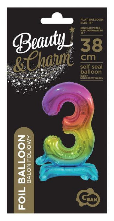 Krāsains mini folijas balons ar skaitli 3, 38 cm, varavīksnes krāsā