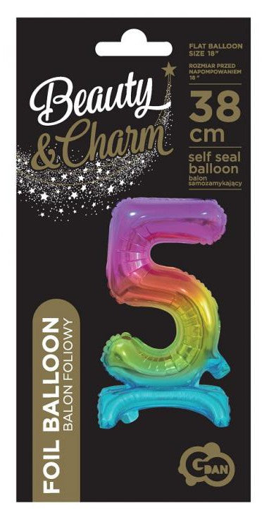 Krāsains mini folijas balons ar skaitli 5, 38 cm, varavīksnes krāsā