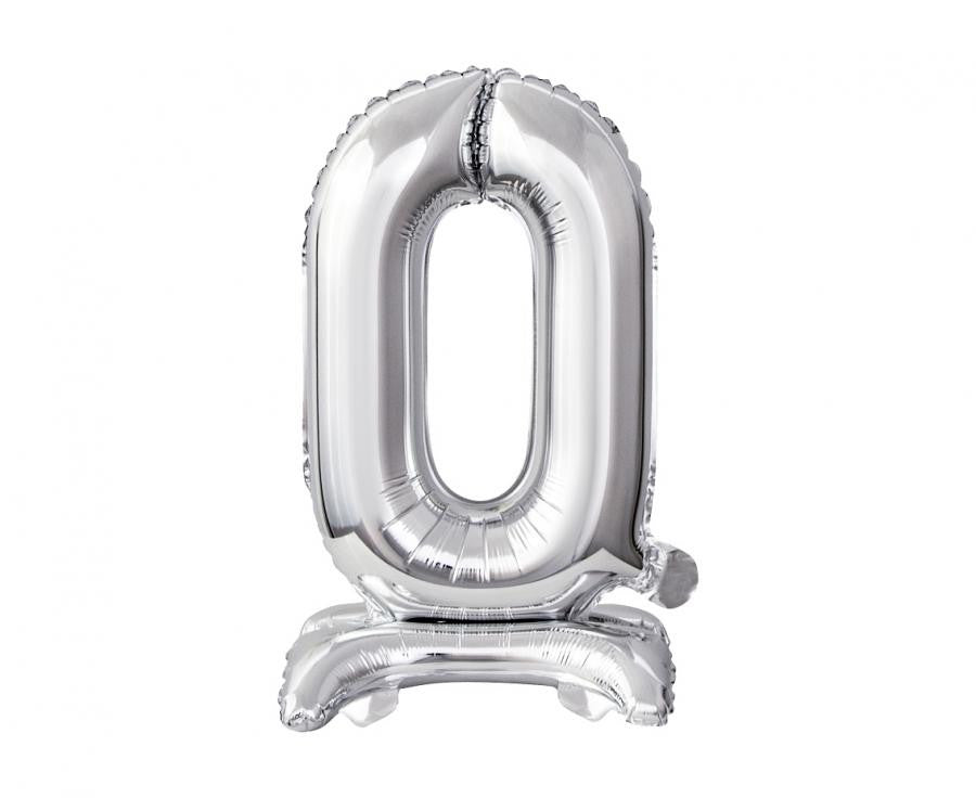 Sudraba mini folijas balons ar ciparu 0 un pamatni 38 cm