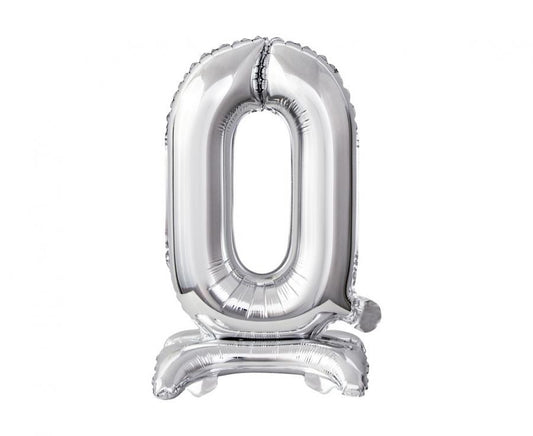 Sudraba mini folijas balons ar ciparu 0 un pamatni 38 cm