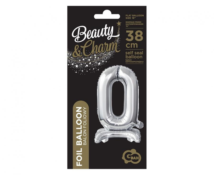 Sudraba mini folijas balons ar ciparu 0 un pamatni 38 cm