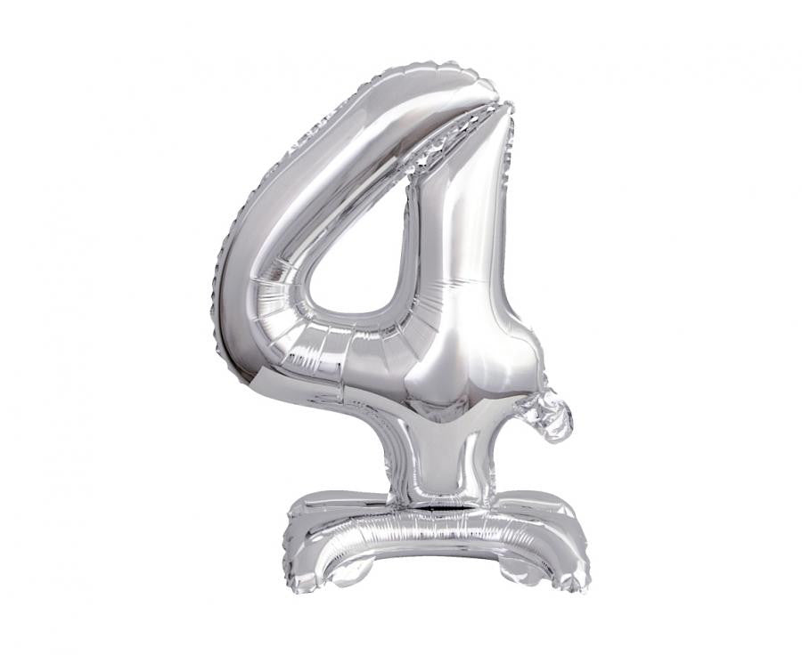 Sudraba mini folijas balons ar pamatni - skaitlis 4, 38 cm, B&C, sudraba krāsā