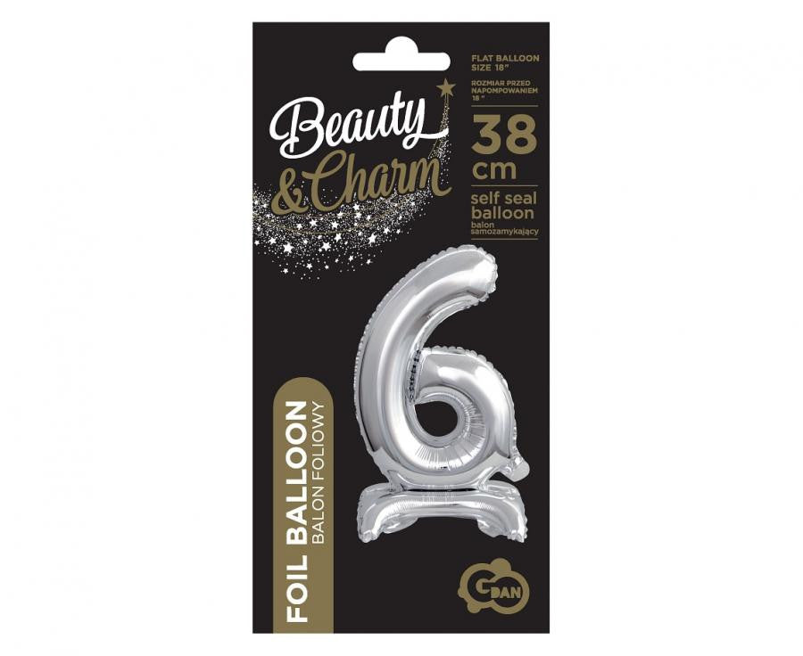 Sudraba mini folijas balons ar skaitli 6, 38 cm, B&C Silver