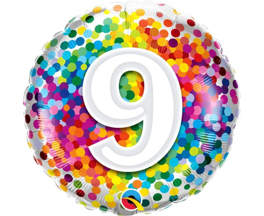 Folijas balons ar varavīksnes konfeti, krāsains, skaitlis 9, 46 cm