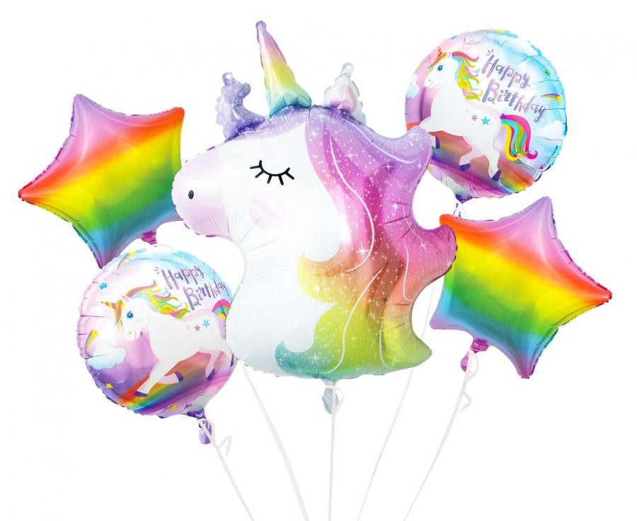 Vienradža varavīksnes folijas balonu komplekts, 5 daļas