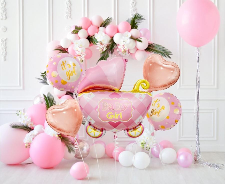 Folijas balonu komplekts "Dzimšanas dienas kariete" ar 5 daļām, rozā, ratiņiem