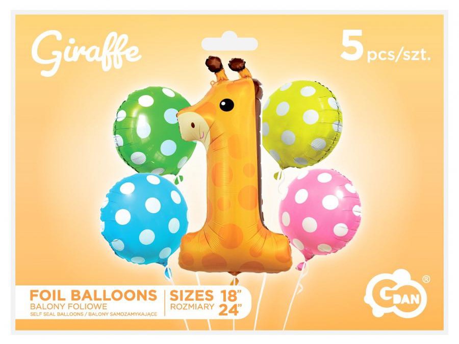 Folijas balonu komplekts "Dzīvnieki, punktiņi, žirafe", 5 daļas