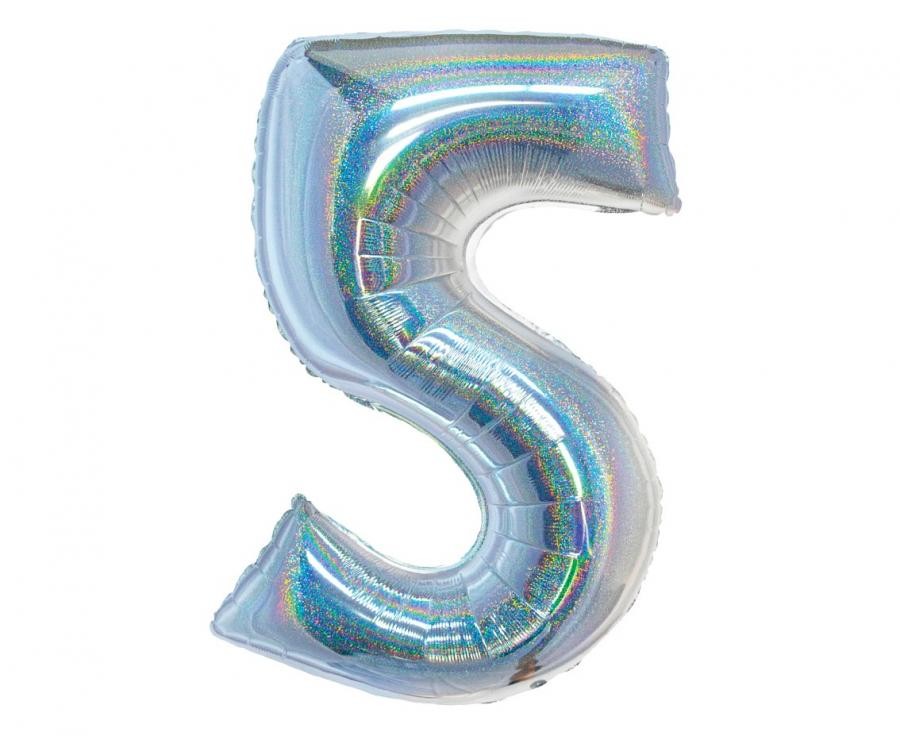 Hologrāfisks sudraba skaitlis, sudraba folijas balons "Cipars 5", 76 cm