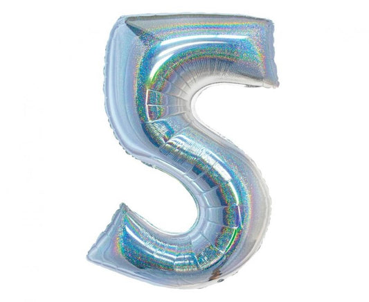 Hologrāfisks sudraba skaitlis, sudraba folijas balons "Cipars 5", 76 cm