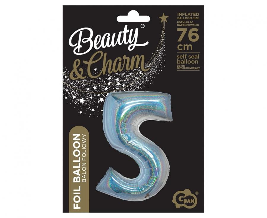 Hologrāfisks sudraba skaitlis, sudraba folijas balons "Cipars 5", 76 cm