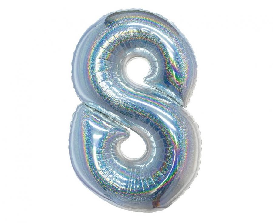 Sudraba hologrāfisks folijas balons ar skaitli 8, 76 cm
