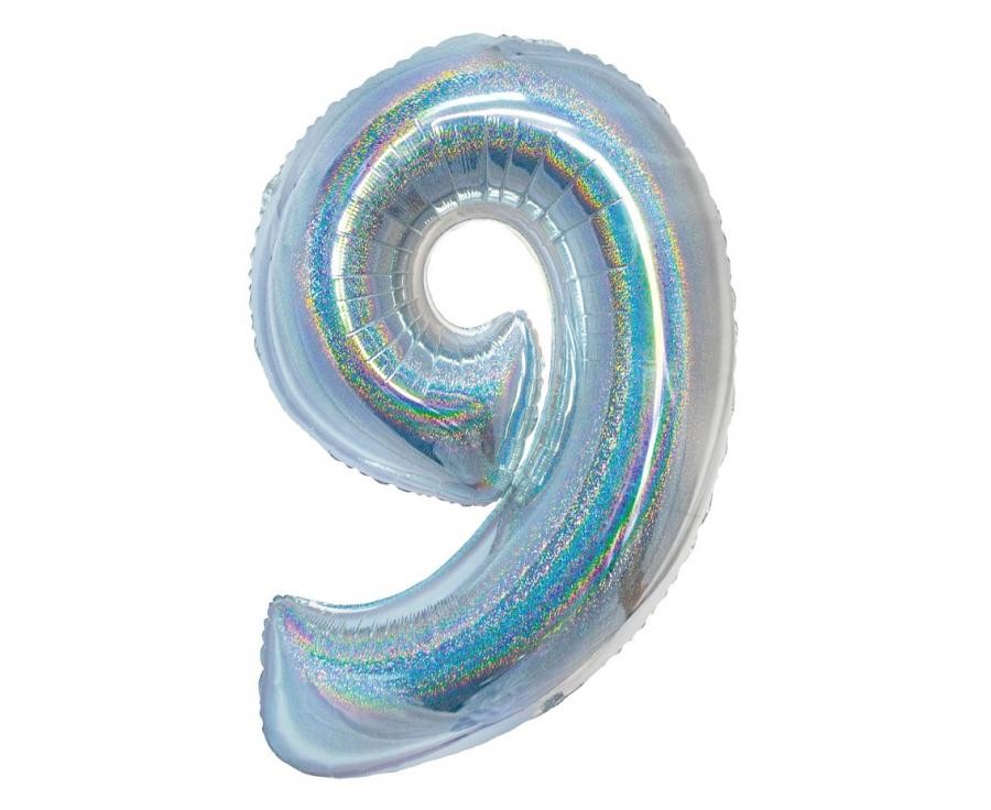 Sudraba hologrāfisks folijas balons ar skaitli 9, 76 cm