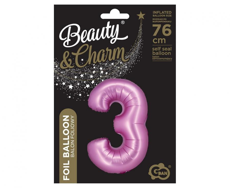 Folijas balons "Cipars 3", satīna, rozā, 76 cm