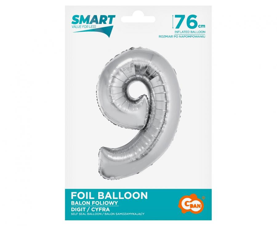 Sudraba folijas balons "Cipars 9", 76 cm