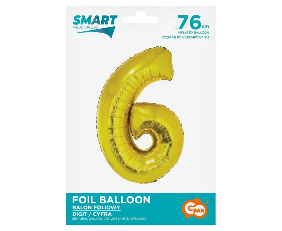 Zelta krāsas folijas balons "Cipars 6", 76 cm