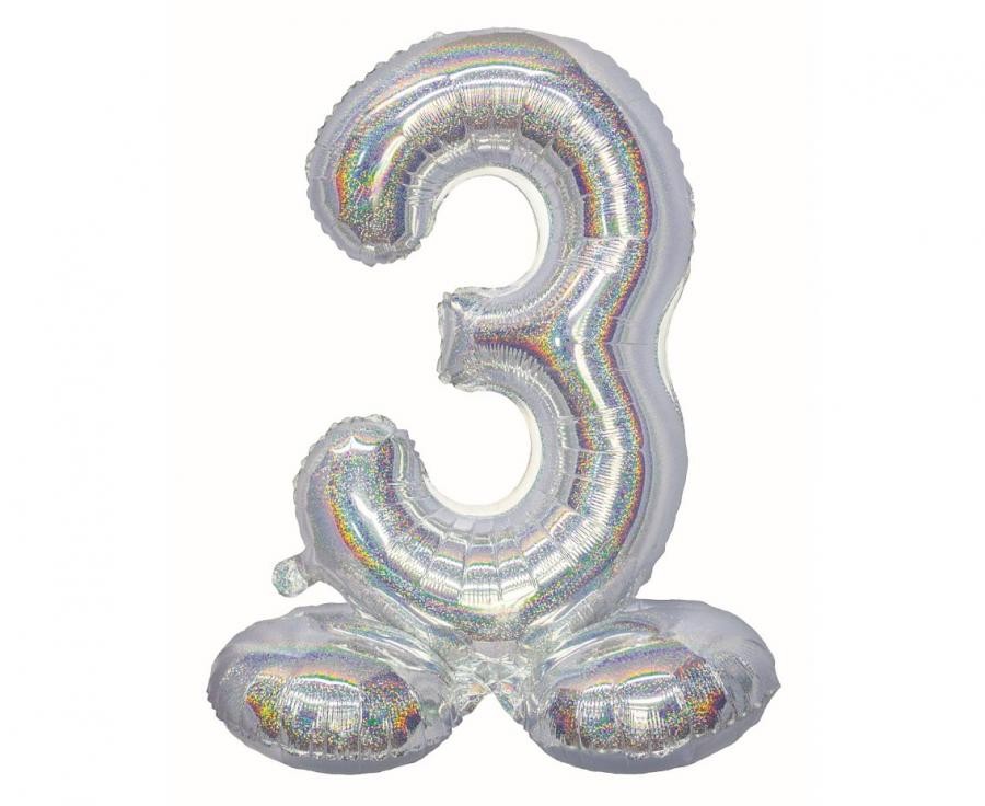Hologrāfisks sudraba krāsas folijas balons ar pamatni, skaitlis 3, 72 cm