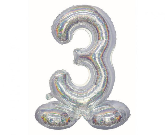 Hologrāfisks sudraba krāsas folijas balons ar pamatni, skaitlis 3, 72 cm