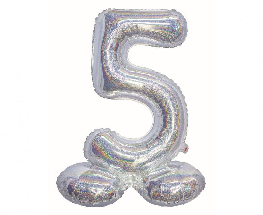 Hologrāfisks sudraba krāsas folijas balons ar pamatni, 72 cm, skaitlis 5