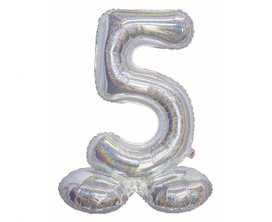 Hologrāfisks sudraba krāsas folijas balons ar pamatni, 72 cm, skaitlis 5