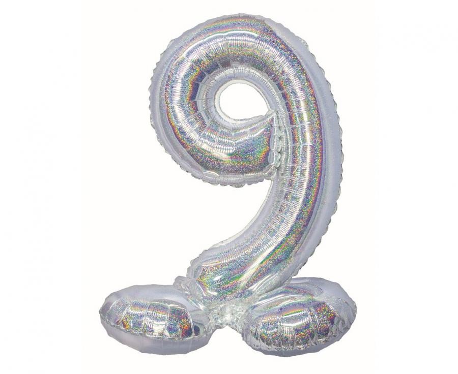 Hologrāfisks skaitlis sudrabs, sudraba folijas balons ar pamatni skaitlis 9 72 cm
