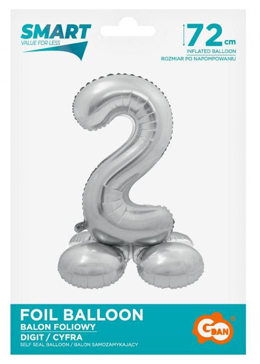 Sudraba krāsas folijas balons ar pamatni "Cipars 2", 72 cm