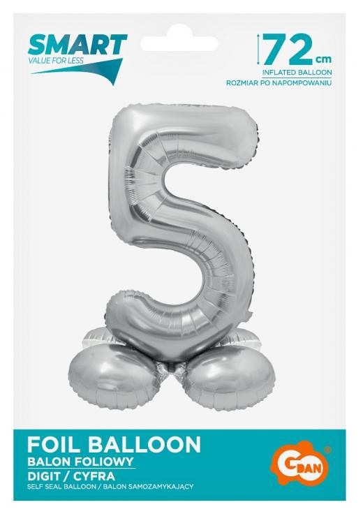 Sudraba krāsas folijas balons ar pamatni "Cipars 5", 72 cm