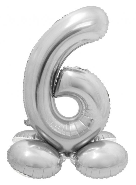 Sudraba krāsas folijas balons ar pamatni "Cipars 6", 72 cm