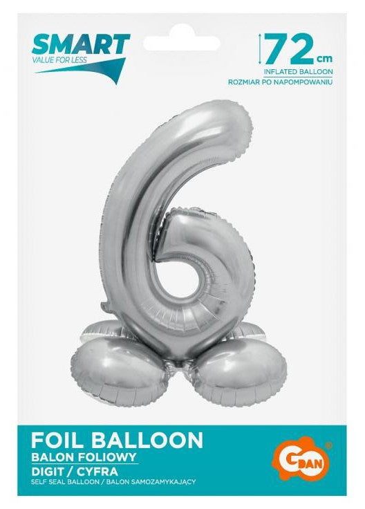 Sudraba krāsas folijas balons ar pamatni "Cipars 6", 72 cm