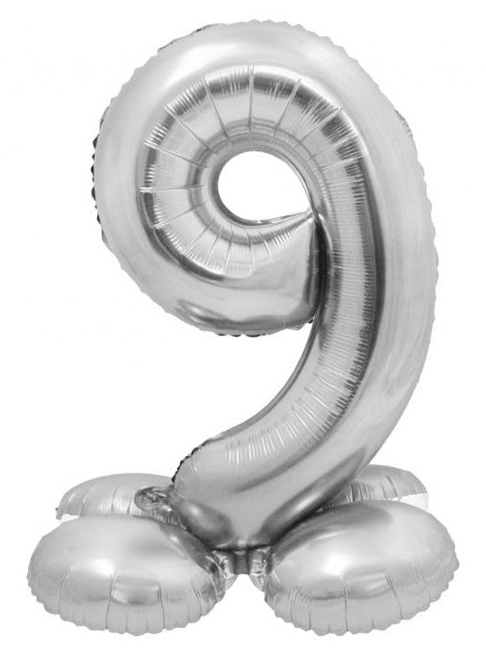 Sudraba krāsas folijas balons ar pamatni "Cipars 9", 72 cm