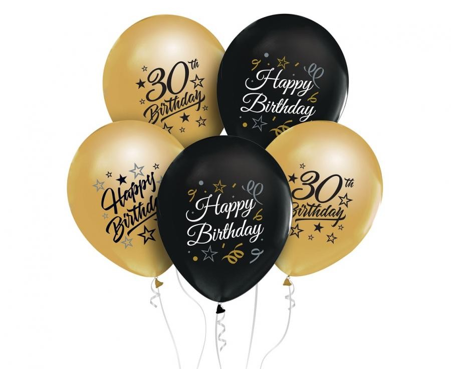 Daudz laimes dzimšanas dienā zeltaini melni krāsaini 30 baloni, 5 gab., 12 collas (30 cm)