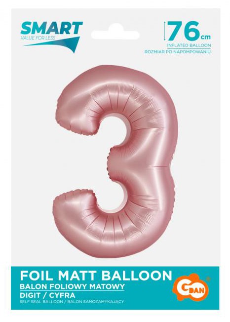 Folijas balons "Cipars 3", gaiši rozā, 76 cm