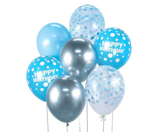 Krāsains "Dzimšanas dienas dāvana" sudrabaini zils, sudrabaini zils balonu komplekts (7 gab.) 30 cm (12 collas)