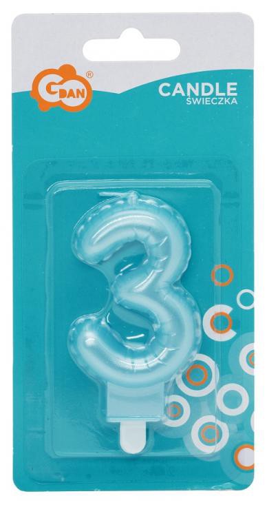 Ciparu "Pērļaini gaiši zila" svece "Cipars 3", kūkas svece