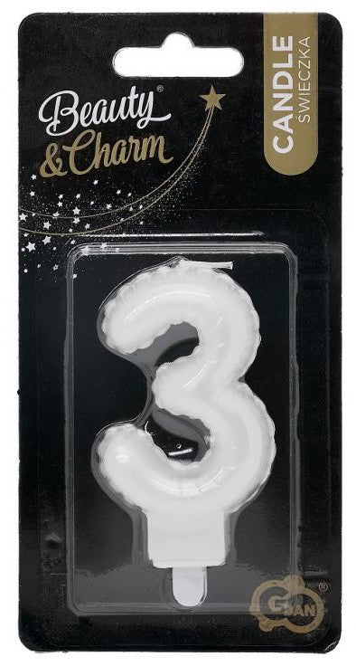 Pērļu balta svece "Cipars 3", kūkas svece